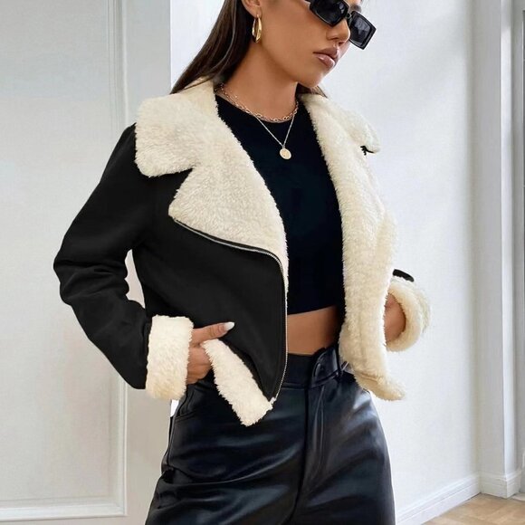 Black And White Preppy Womens Teddy Lined Open Front Suedette Moto Jacket - Picture 4 of 5